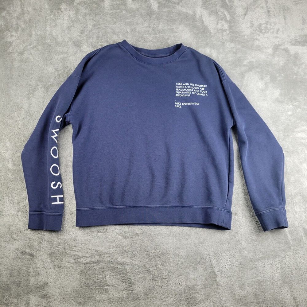 Nike Sweatshirt Youth Large Navy Blue Fleece‎ Swoosh Crew Neck Athletic Spellout